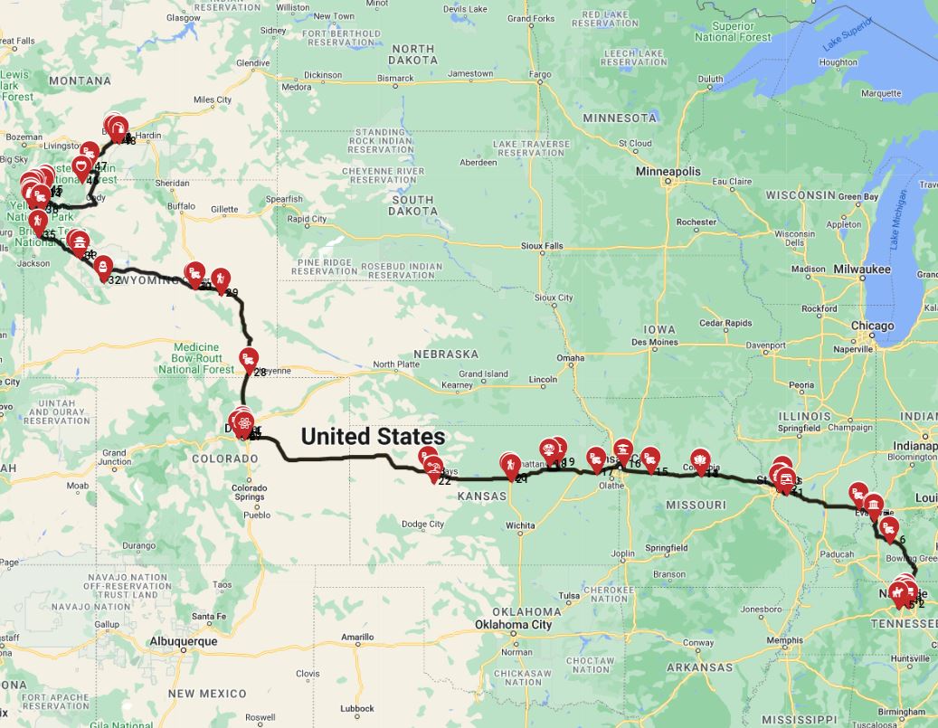 Map for Nashville to Billings - Including the Yellowstone
